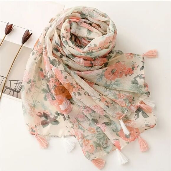 Floral scarf sheer tassel pink ivory wrap cover up Bohemian accessory - Picture 4 of 7